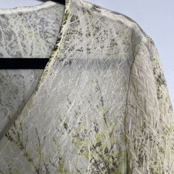 KOMAROV Crinkle Mesh Long Sleeve Shirt Medium Beige Green Retro Blouse Career - Picture 2 of 9